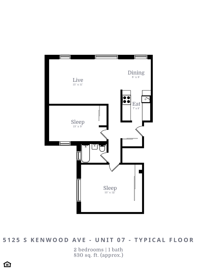 Floor plan for 2 beds, 1 bath, 830 sqft